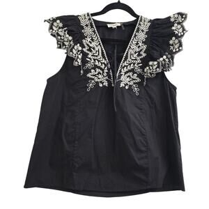 Elan Women’s Black Blouse Embroidered Eyelet Lace Ruffle Resortwear Boho M